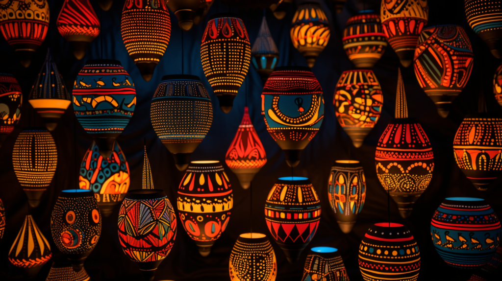 Leuchtende Lampions mit afrikanischen Mustern.